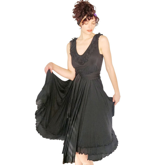 Vintage 2000s Etro Sun Dress Black Cotton w/ Asymmetrical Skirt Medium