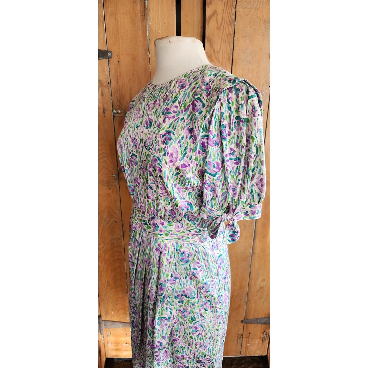 Vintage 80s Dress Floral Print Silk Norah Noh Monet Impressionist Pattern