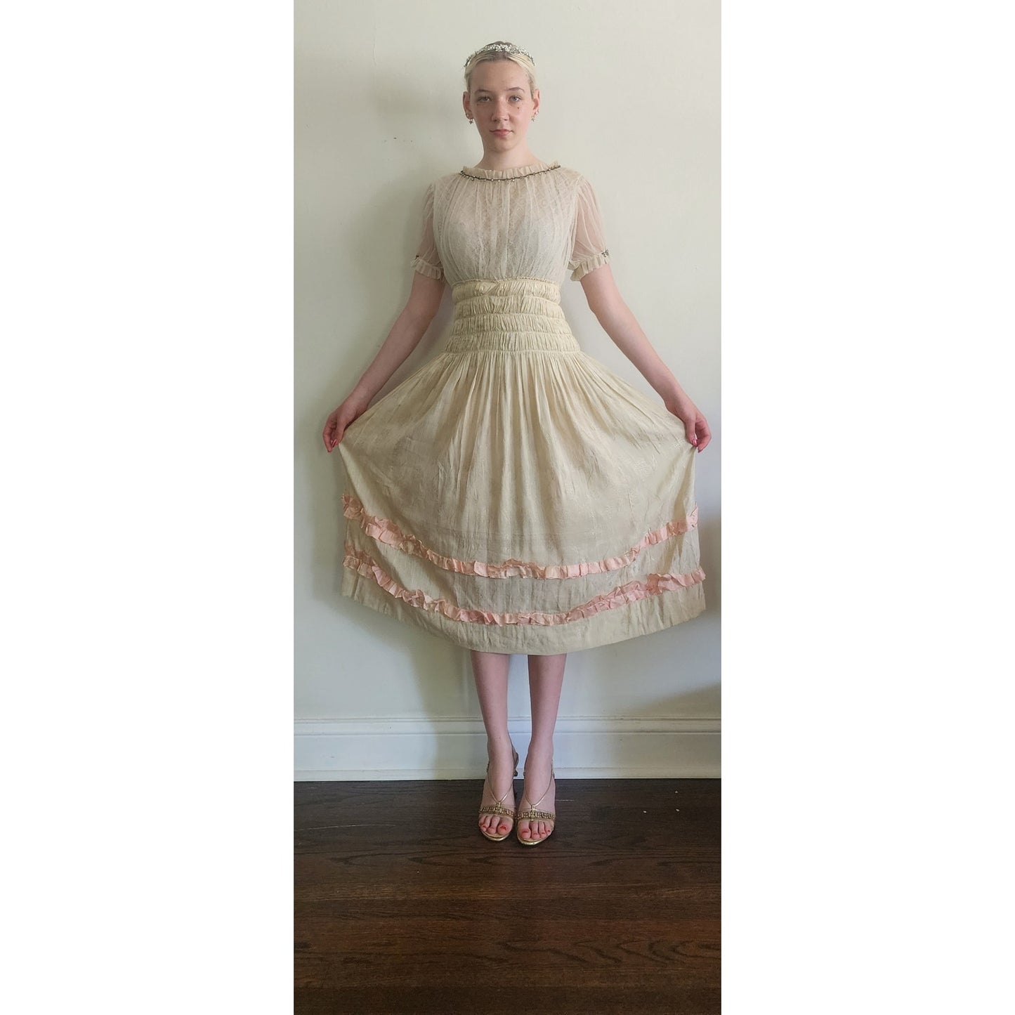 Vintage 1930s Cream Silk Dress Lace & Rhinestone Embroidery