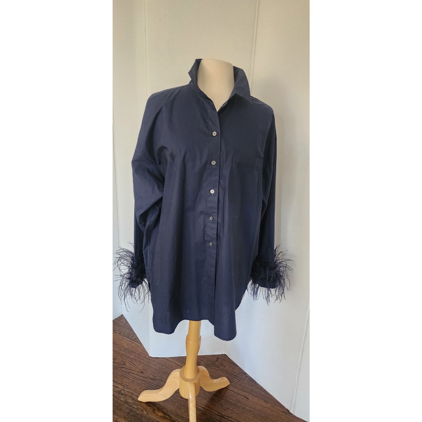 J CREW Navy Blue Cotton Shirt w/Feather Sleeve Cuffs Cotton Poplin Womens Large