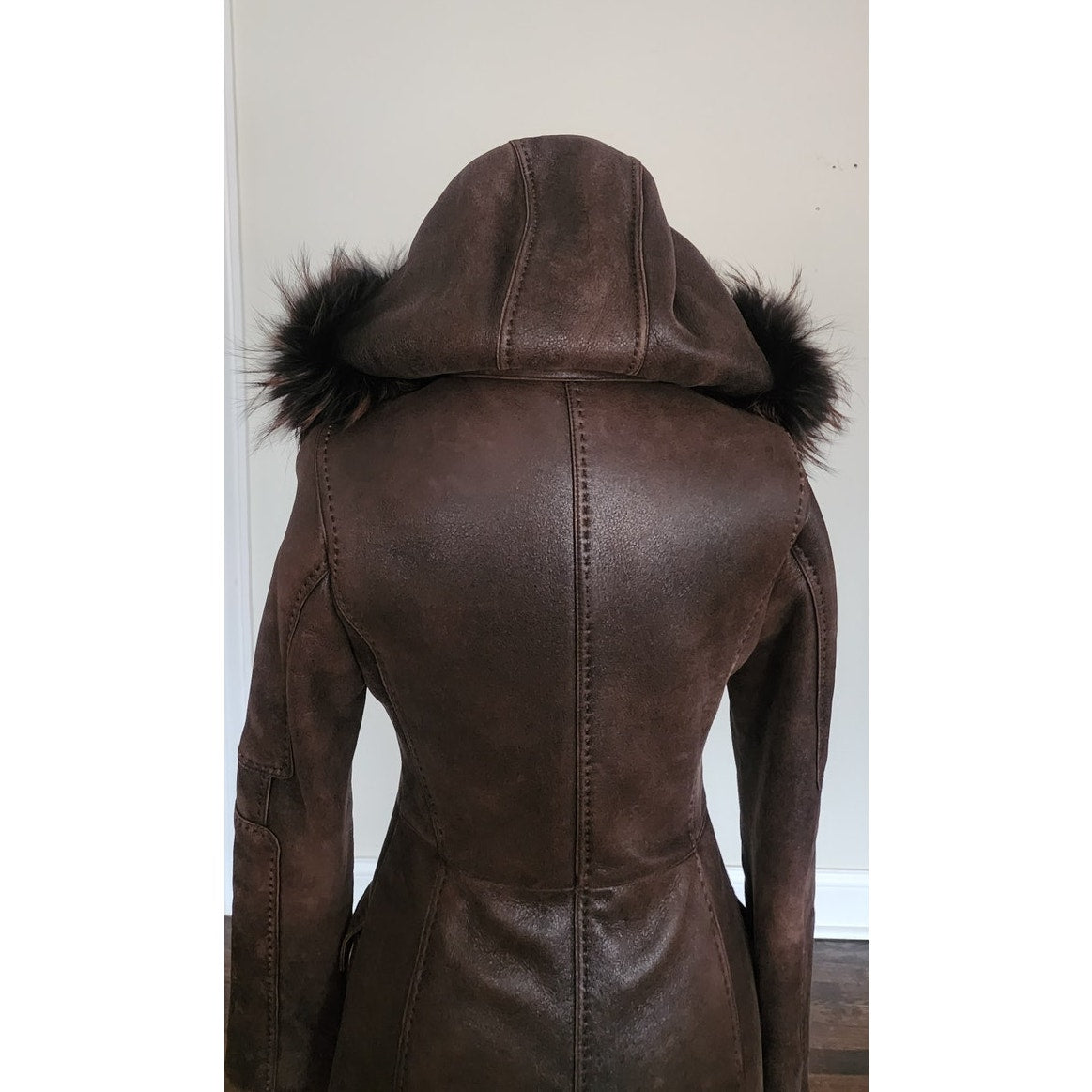 Vintage 2000s Brown Leather Parka Coat w/Fur Lined Hood & Shearling Liner Fitted S