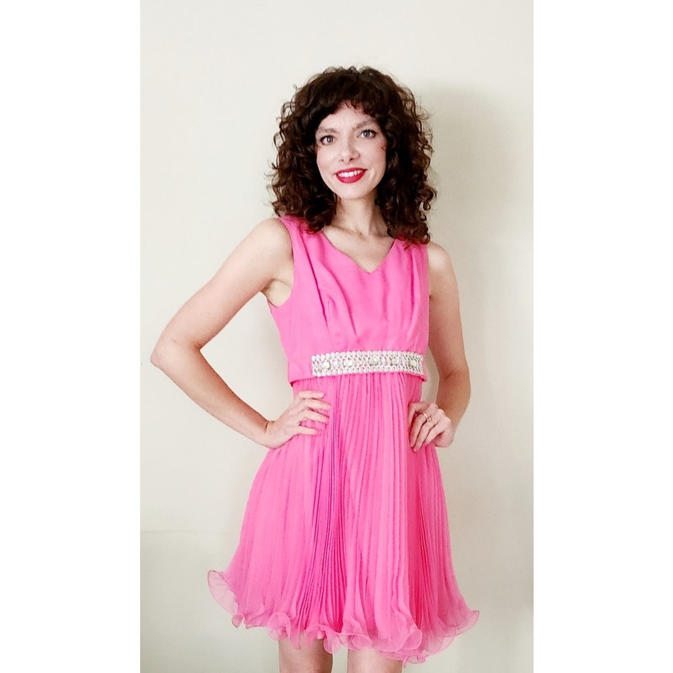Vintage 60s Hot Pink Party Dress Pleated Skirt