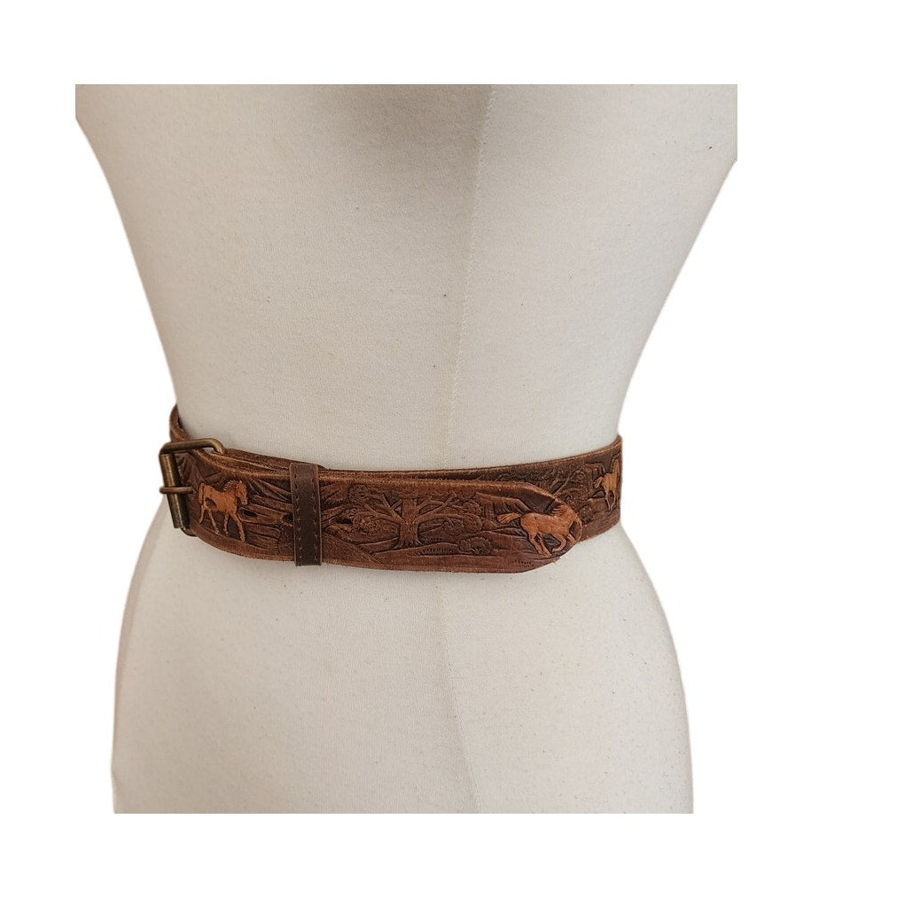 Vintage 1970s The Rowel Brown Belt Tooled Leather Horses Trees Cowboy Western