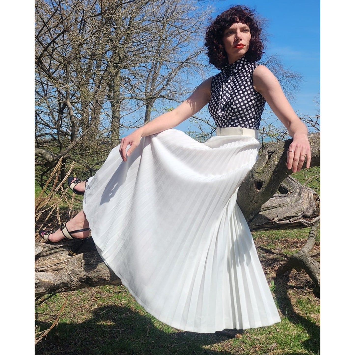 Vintage 1970s Maxi Dress Polkadot Print Pleated Skirt Black White Belted / S