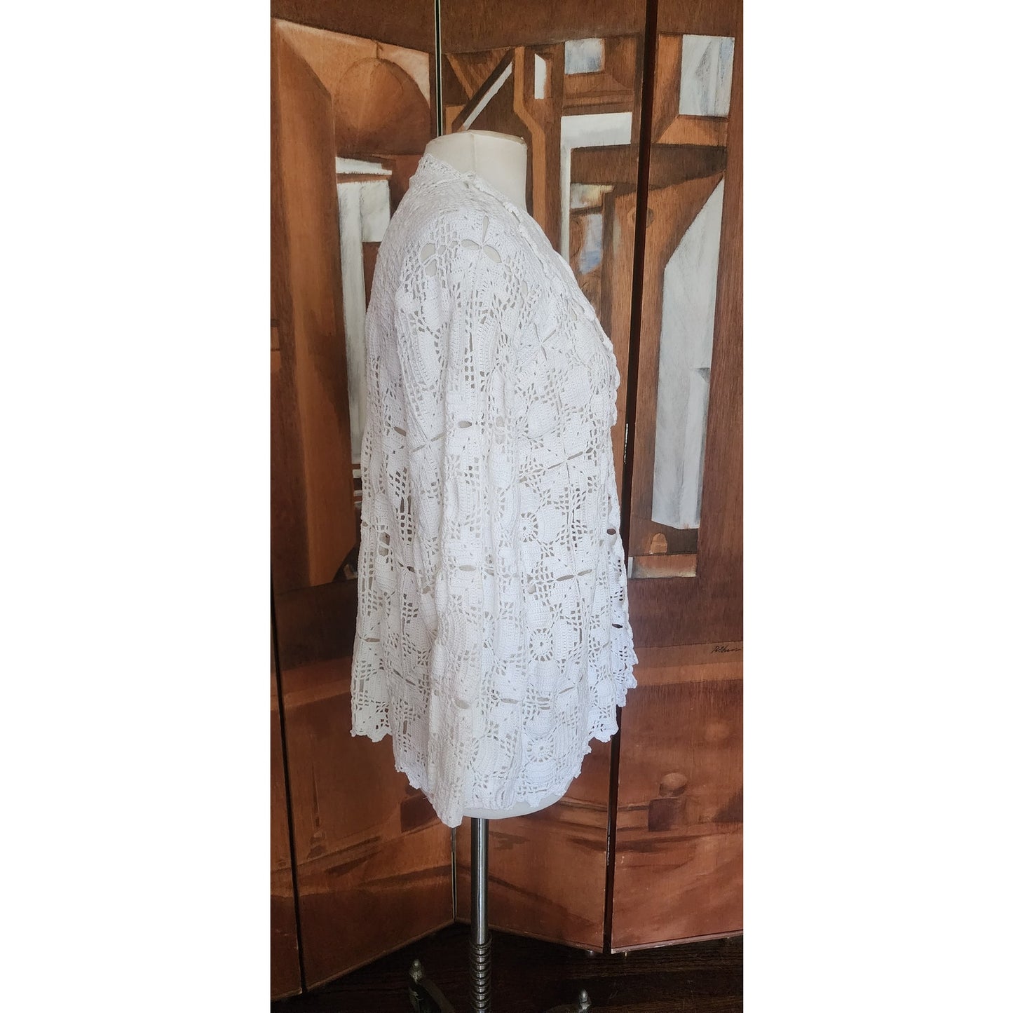 Vintage Crochet Blazer White Openwork Knit Cardigan Jacket w/Collar