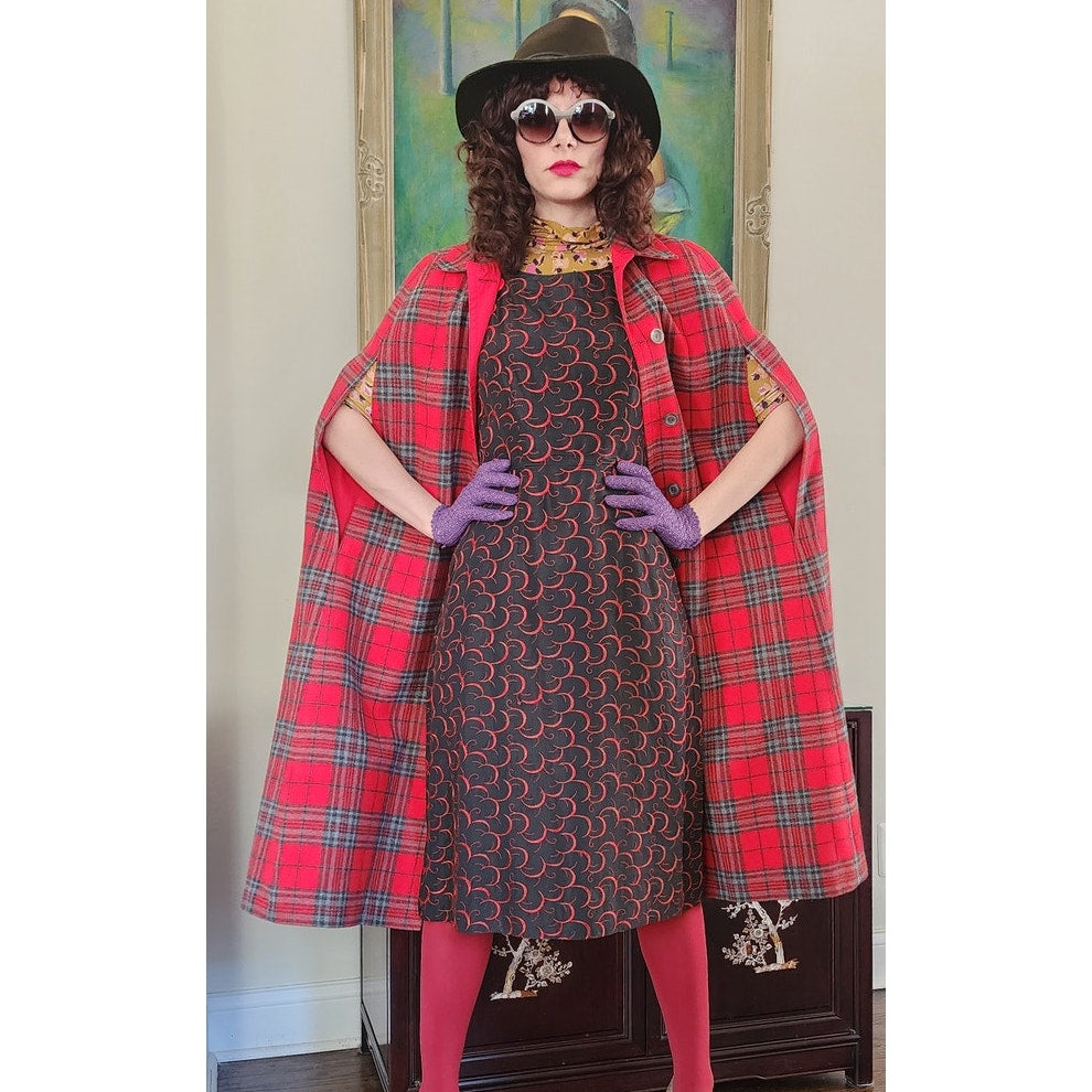 Vintage 60s Cape Red Plaid Reversible Cloak