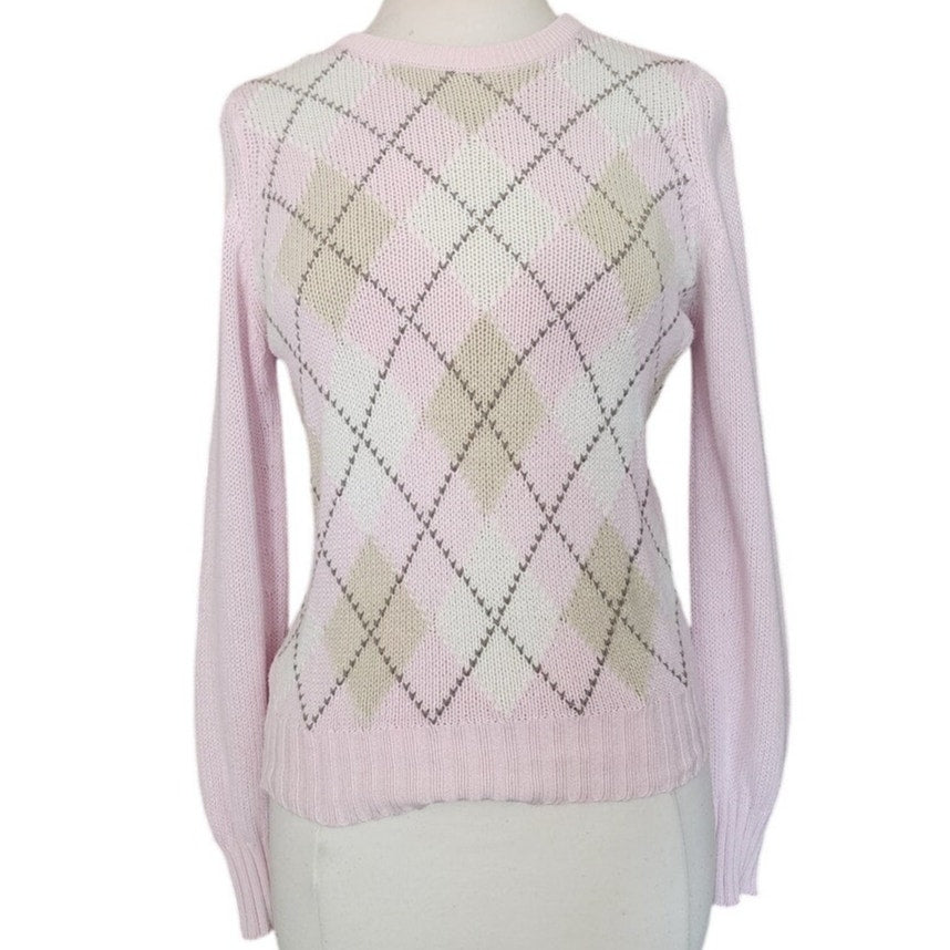 Vintage 1980s Burberrys Sweater Pink Argyle Plaid Preppy Made in Scotland