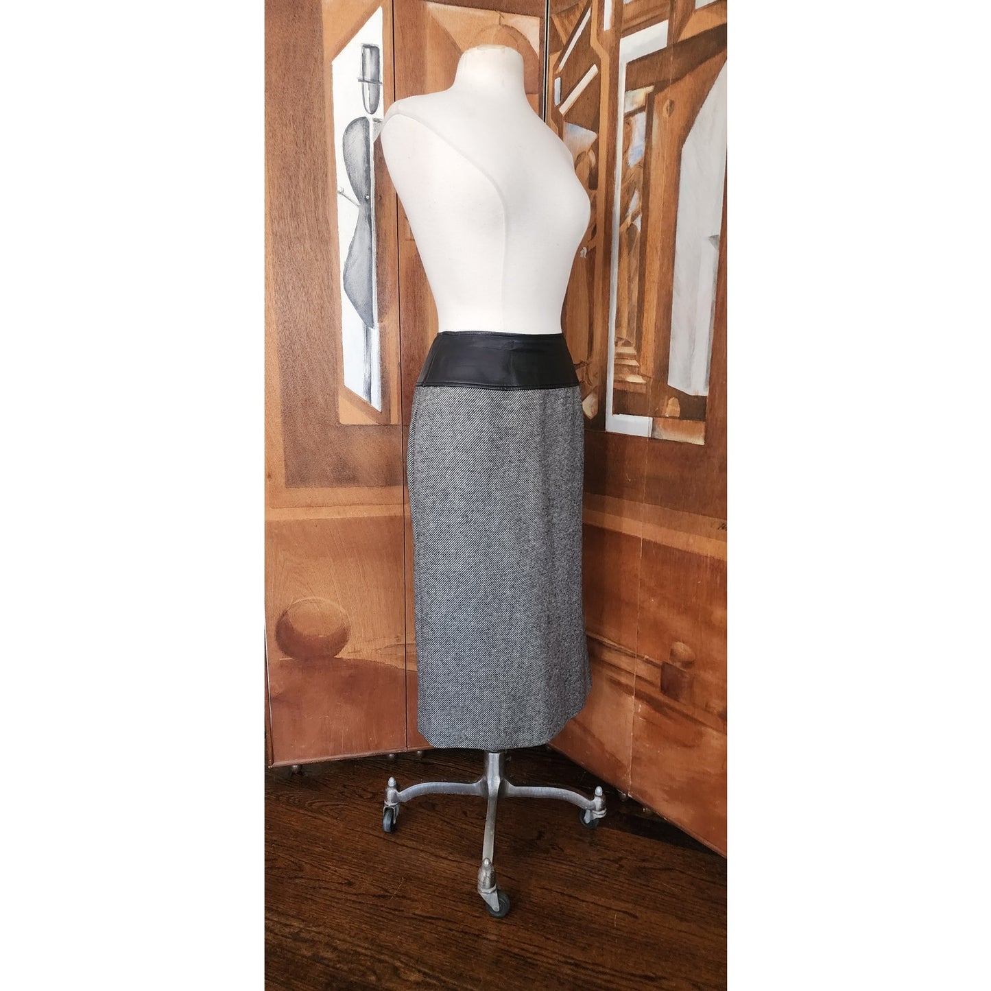 Vintage 80s Guy Laroche Boutique Pencil Skirt Gray Wool Tweed Black Leather Small