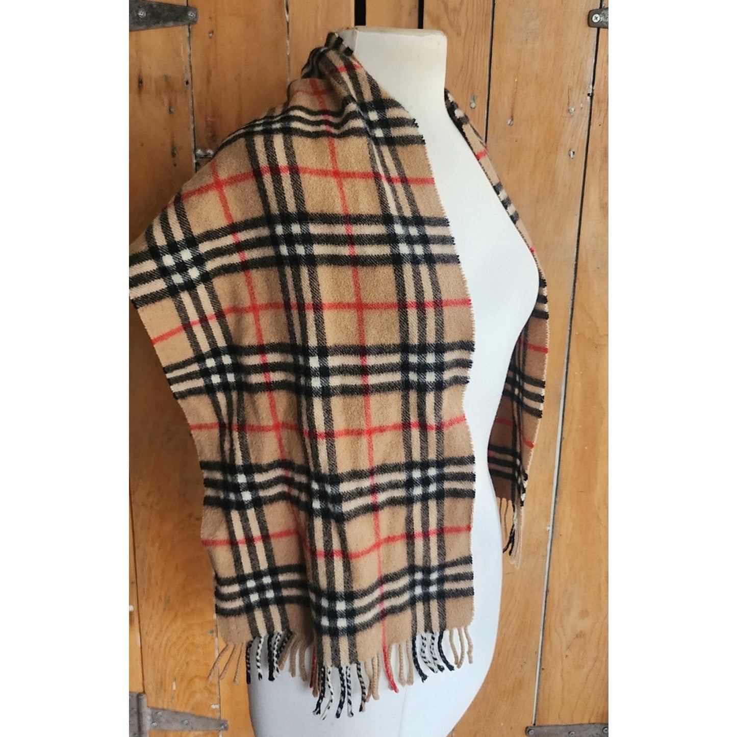 Vintage 1980s Burberrys Cashmere Scarf Beige Plaid Nova Check Fringed