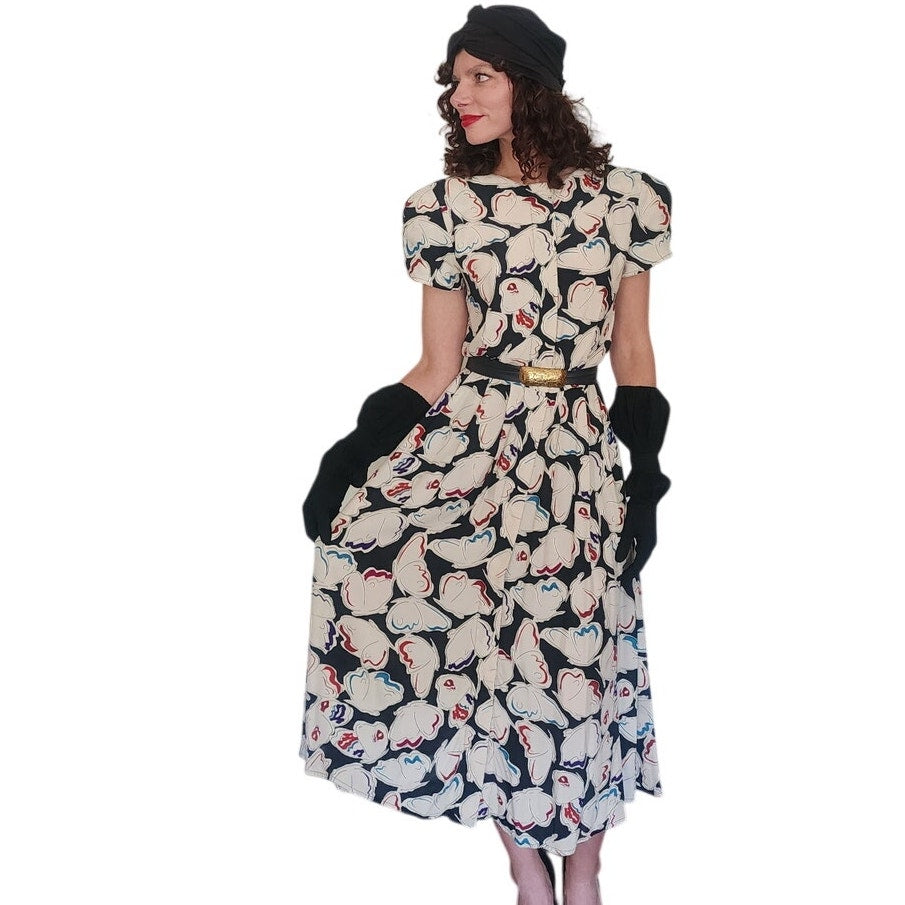 Vintage 1980s Krizia Dress Silk Abstract Print Puff Sleeves Open Back Midi IT 40