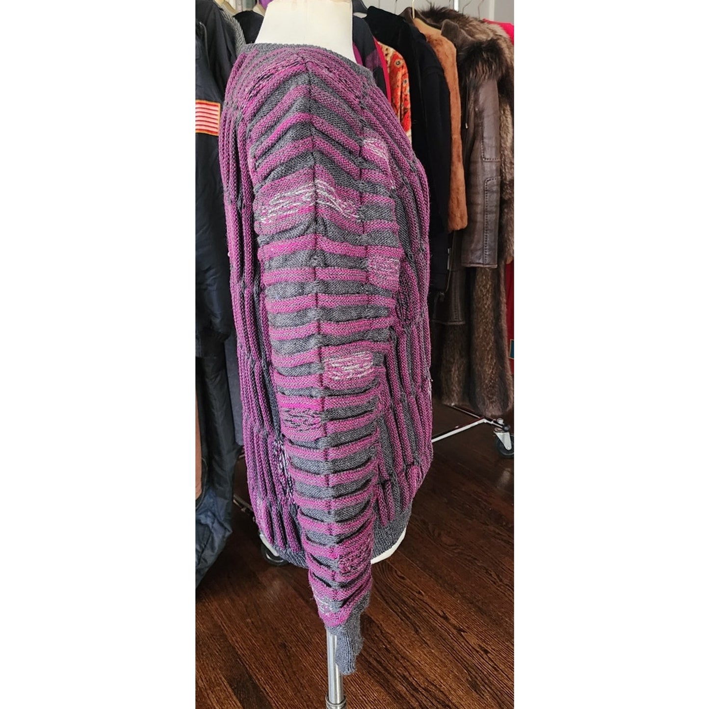 Vintage 80s Ros Joffe Sweater Mens Purple Black Wool 3D Novelty Knit / M