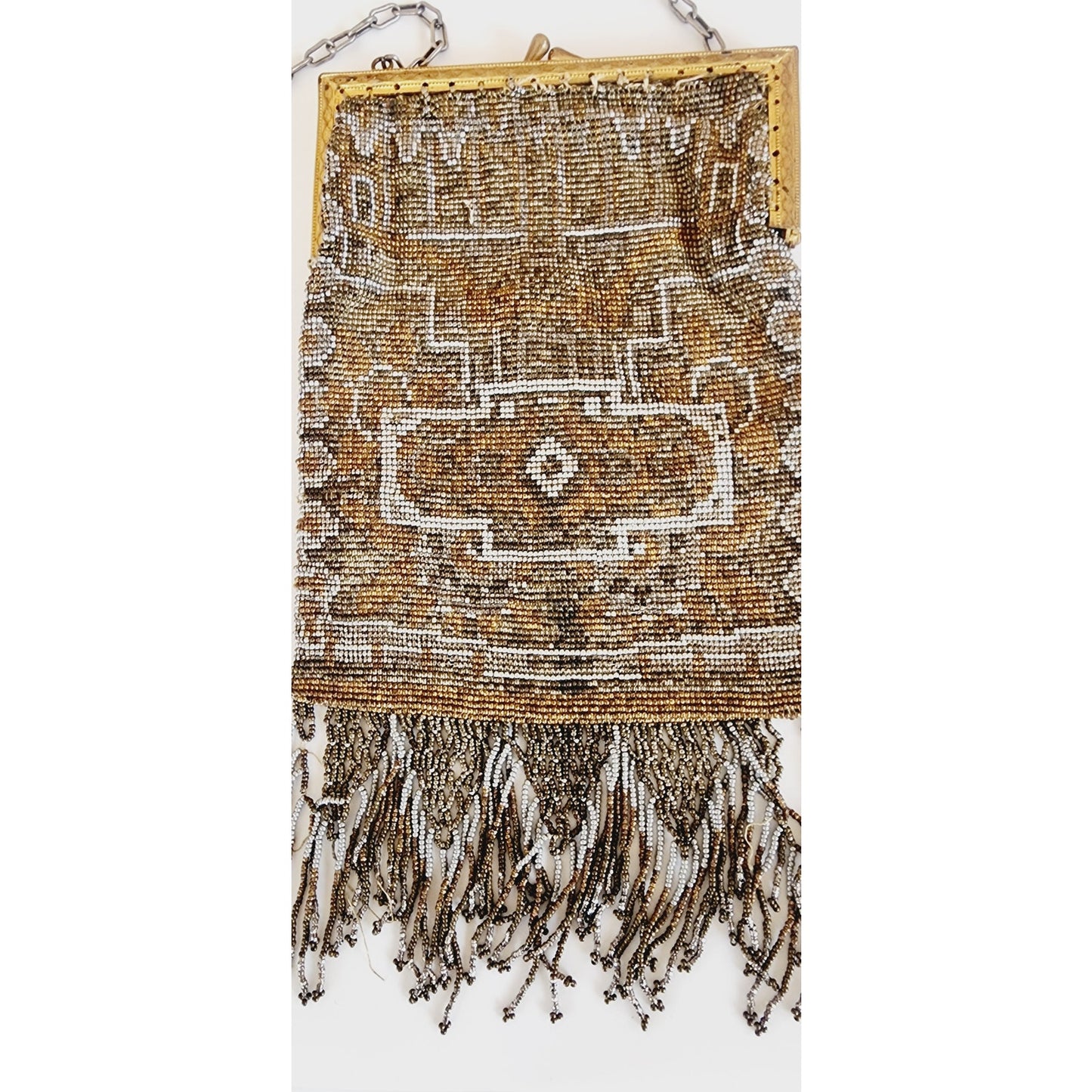 Edwardian Evening Bag Silver Gold Beading Fringe Dressy Purse