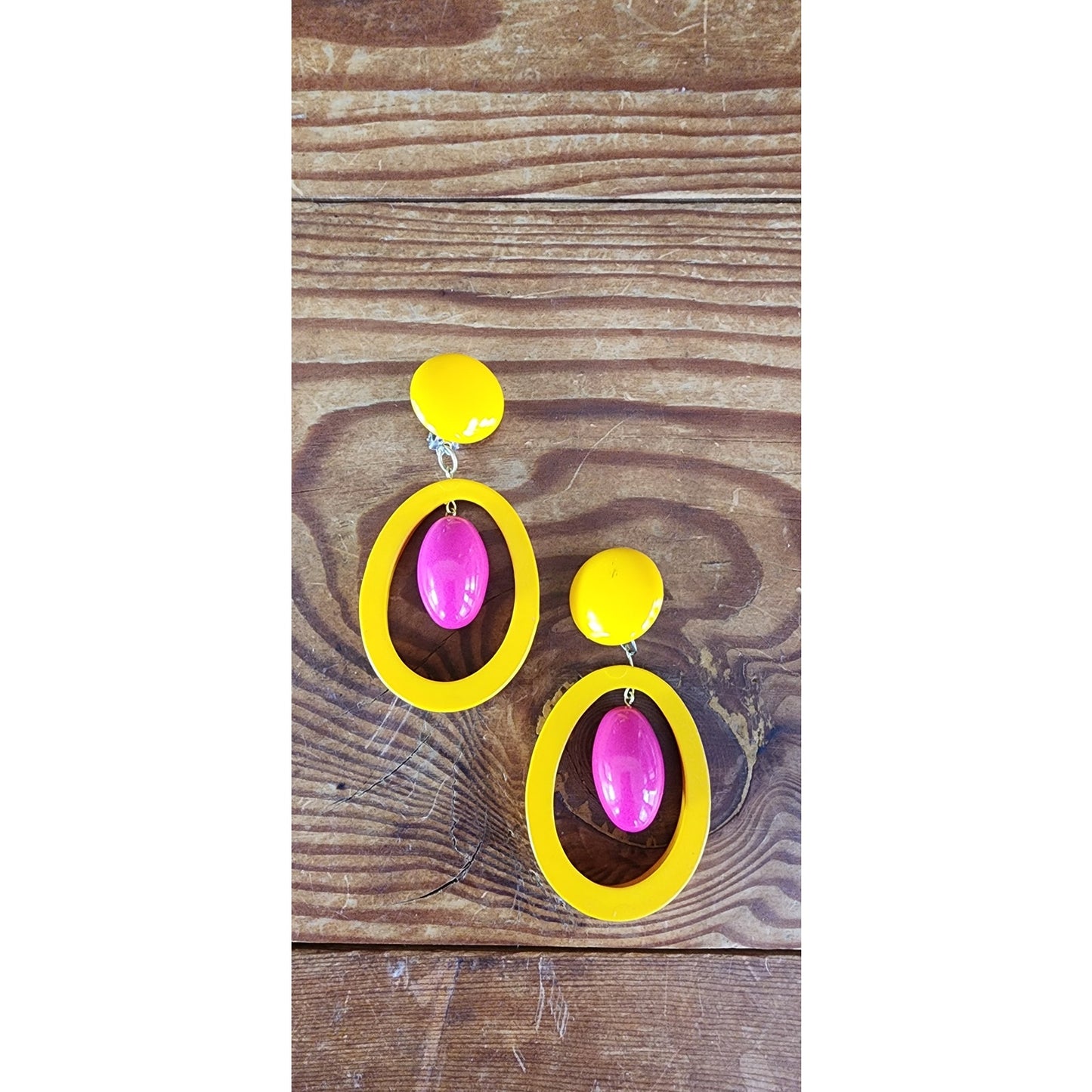 Vintage 60s Earrings Clips Yellow Pink Dangly Hoops Oversized