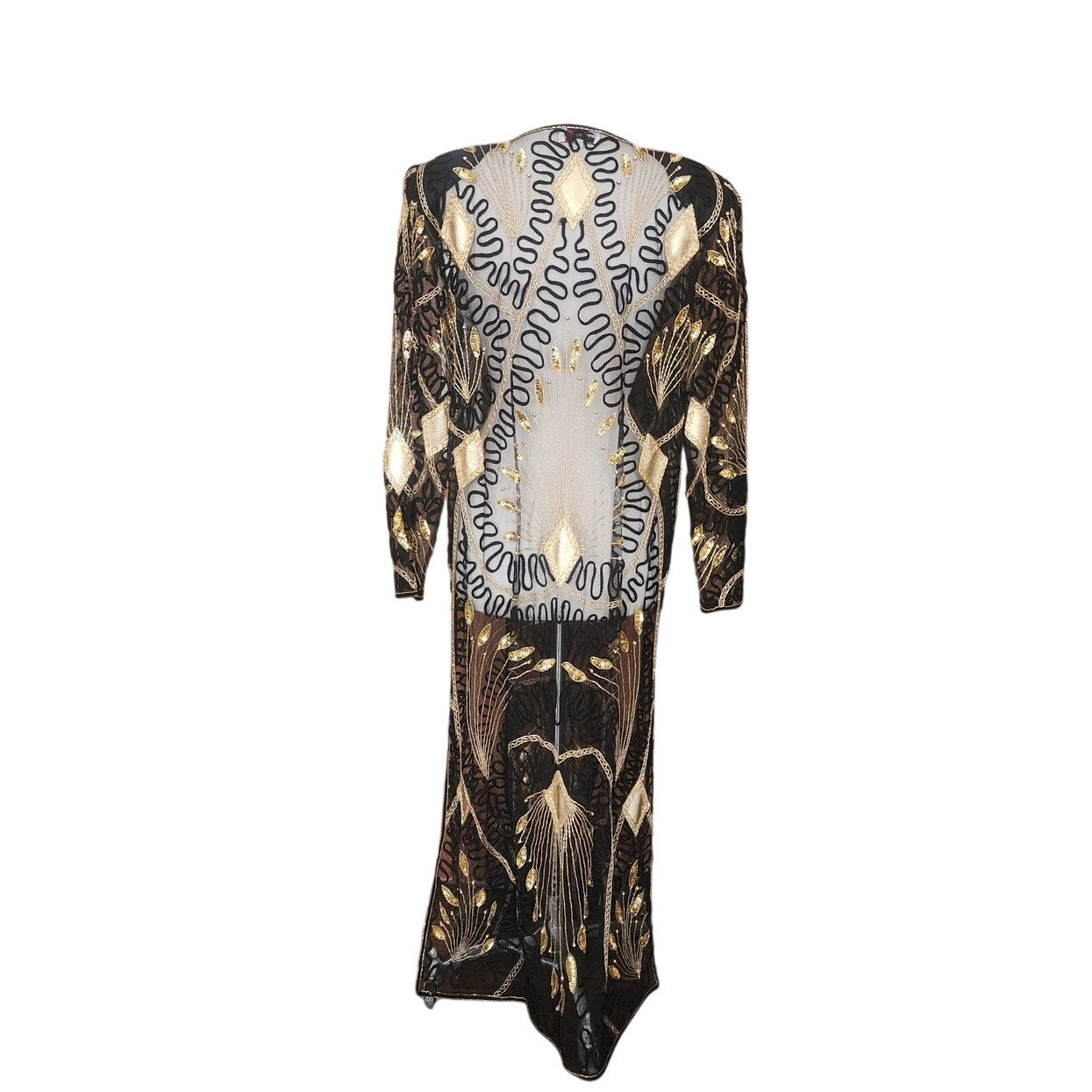 Vintage 80s Tan Chho Duster Sheer Coat Beaded Sequined Embroidered Evening Jacket Black Gold