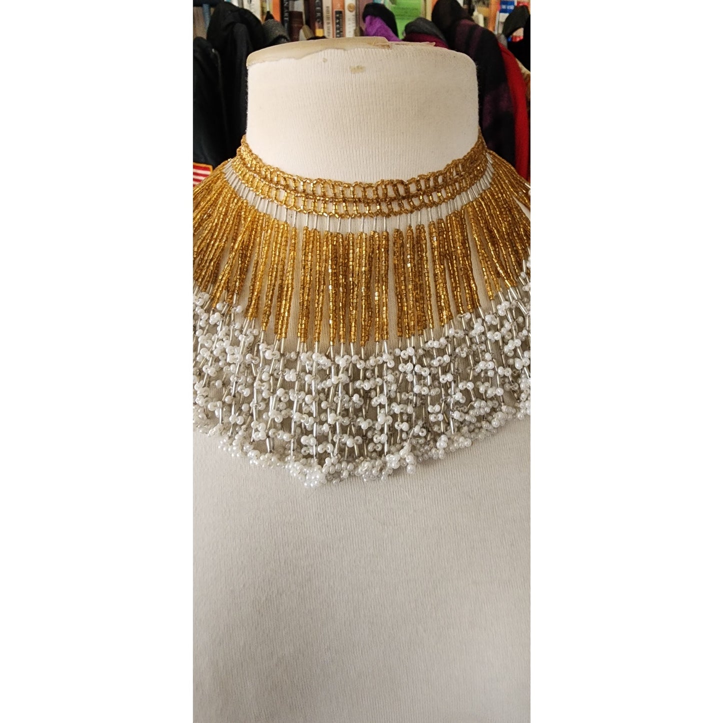 Vintage Bib Necklace Boho Fringed Collar Gold Glass Faux Pearl Beads