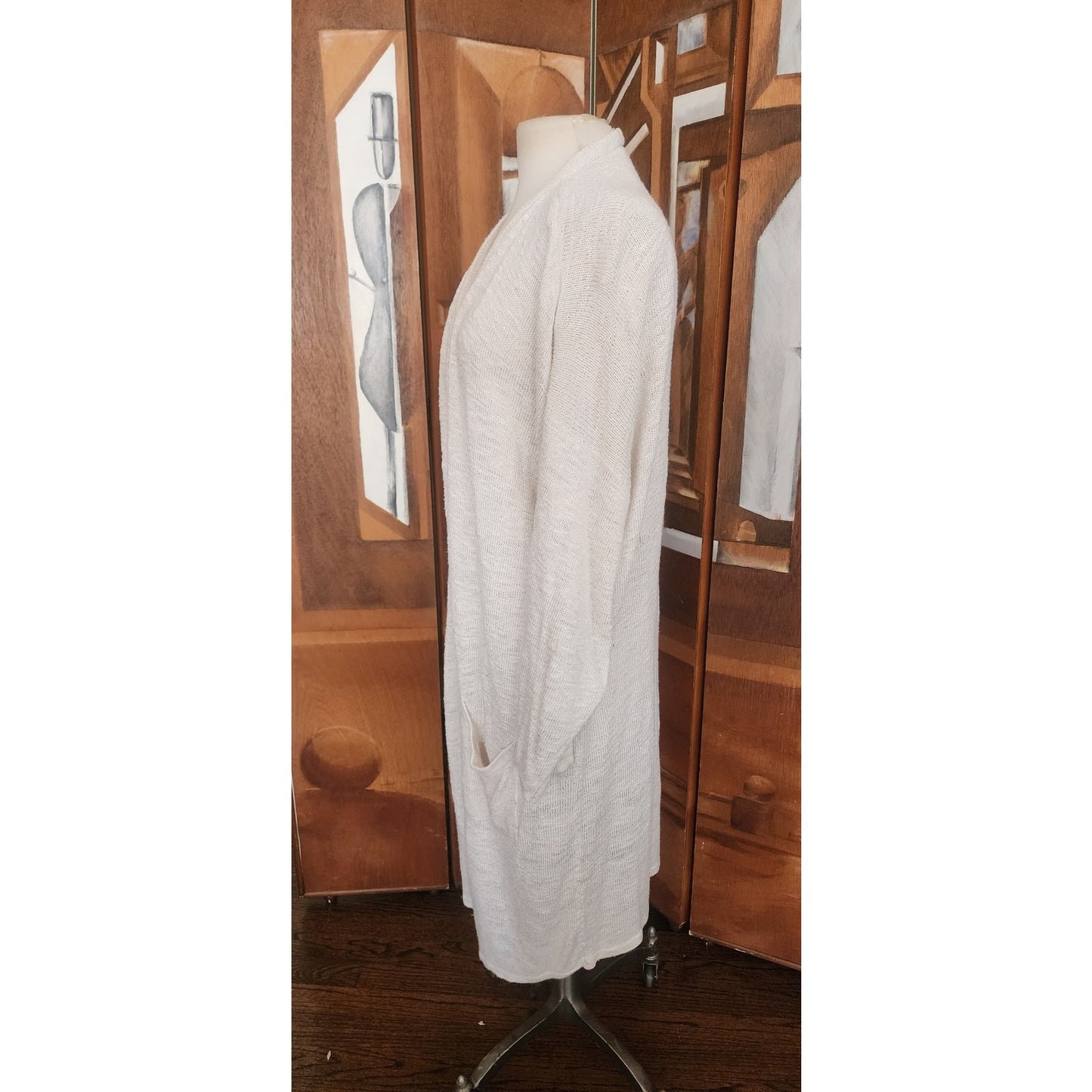 Vintage 1980s Maria Rodriguez Chicago Cardigan Duster Long Jacket Cream Knit L