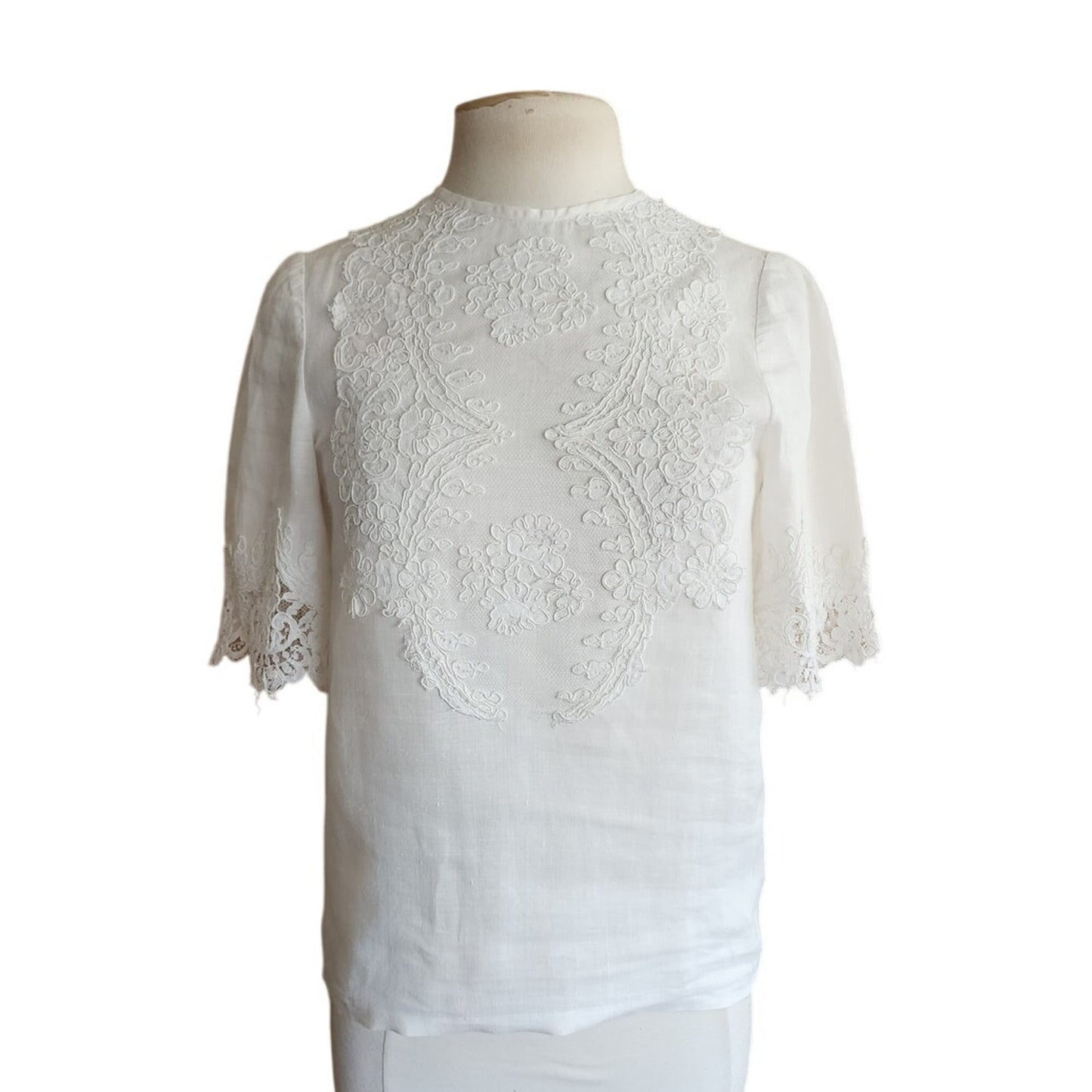 Vintage White Linen Blouse w/Lace Applique Short Sleeves / S-M