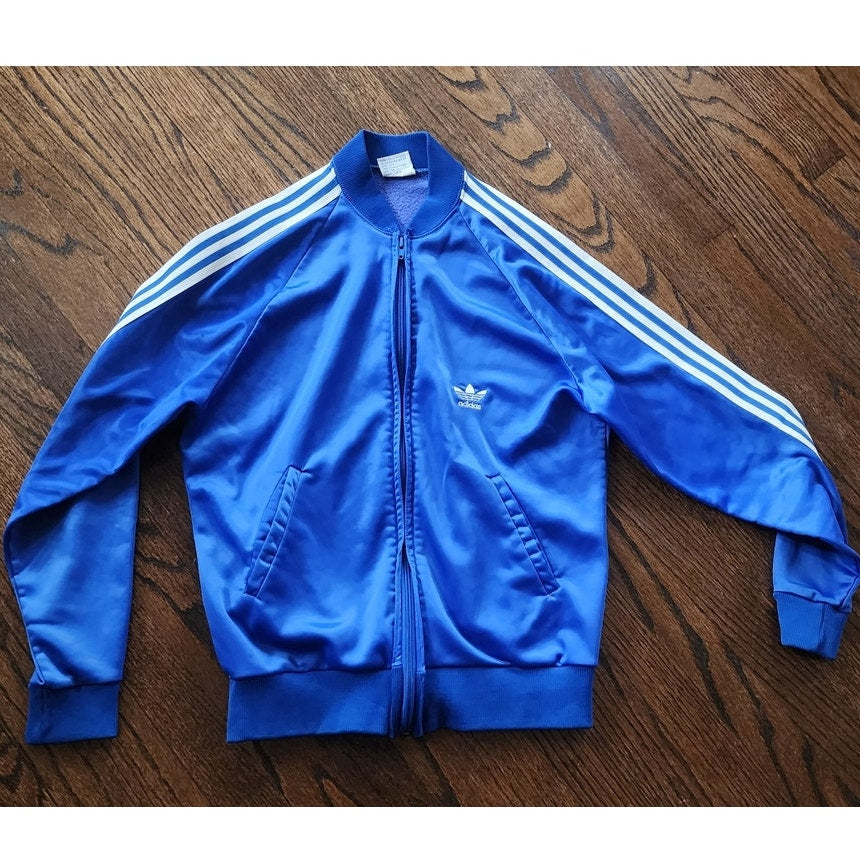 Vintage 1970s ADIDAS Track Suit Blue w/White Stripe Jacket + Pants / Medium