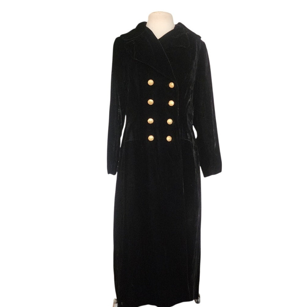 Vintage Black Velvet Opera Coat Double Breasted Gold Buttons