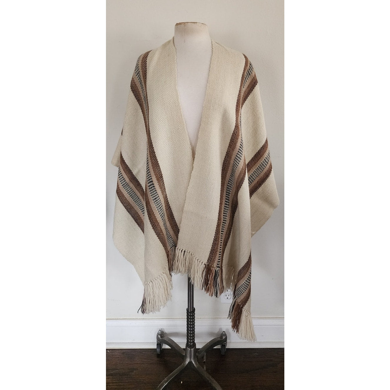 Vintage Poncho Fringed Alpaca Wool Ruana Cream w/Brown Stripe Southwestern Style