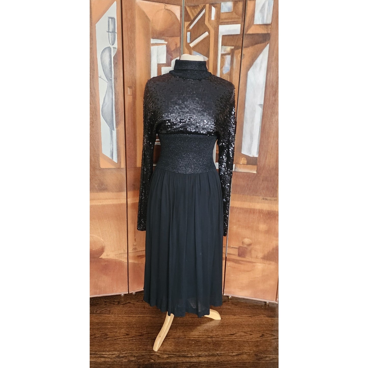 Vintage 1970s Black Maxi Dress Silk Knit Sequined Lurex Pat Sandler Dress Long Sleeve S