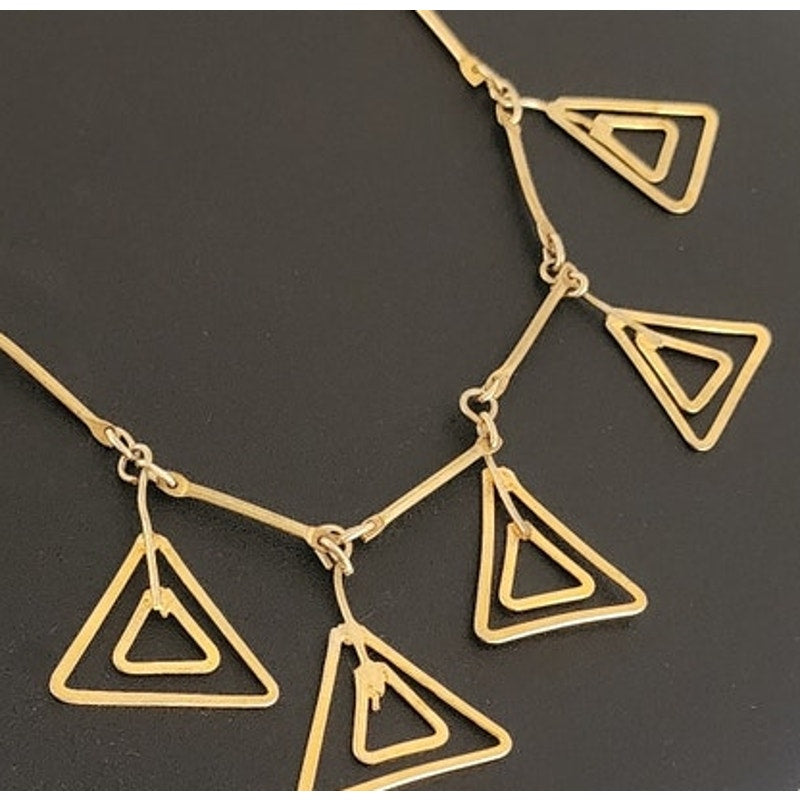 Vintage Gold Necklace Geometric Triangle Pendants Klimt Art Deco Style