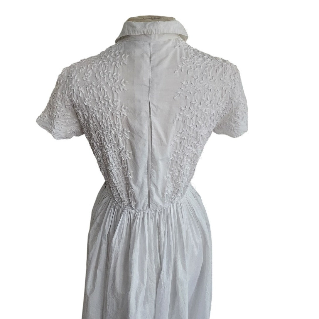 Vintage 50s Shirtdress White Embroidered Cotton Short Sleeve