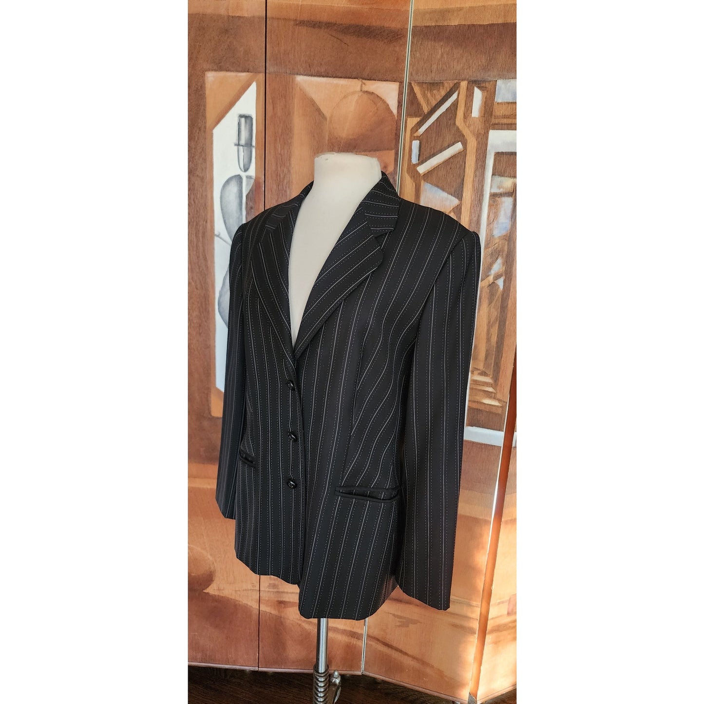 Vintage 2000s ESCADA Blazer Pinstriped Wool Jacket Black Wool / 44 Large