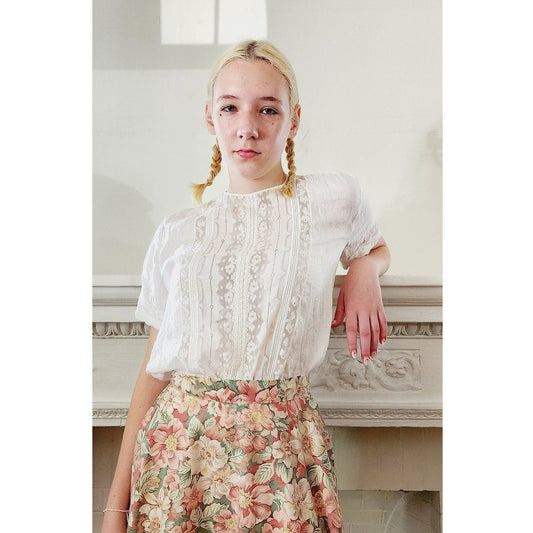 Vintage 30s White Blouse Lace Front Back Buttons Short Sleeves