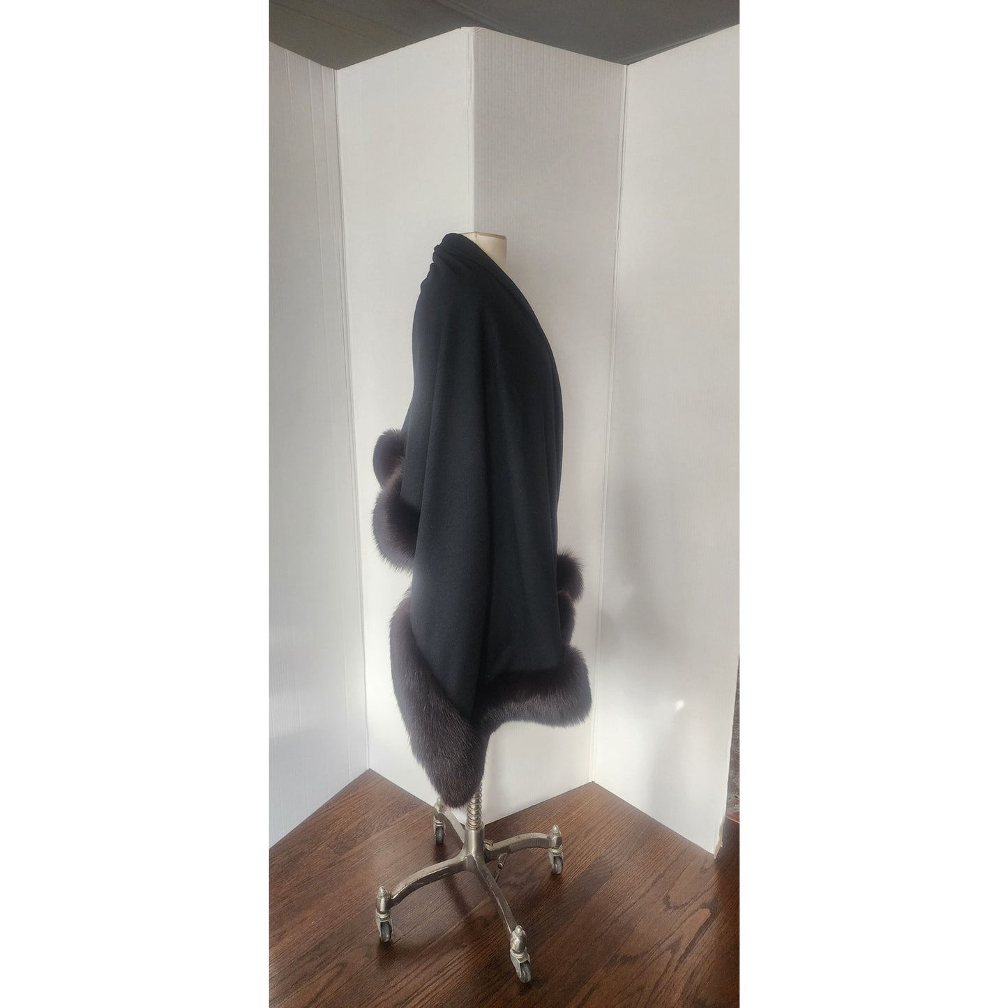 Vintage Sable Fur Lined Wrap in Black Wool