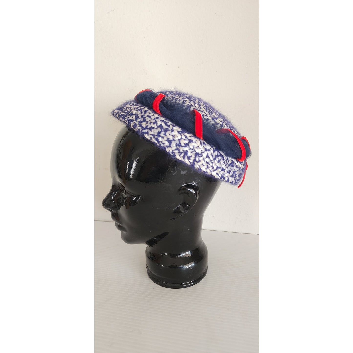 Vintage 50s Knit Beanie Hat Navy Blue Red White