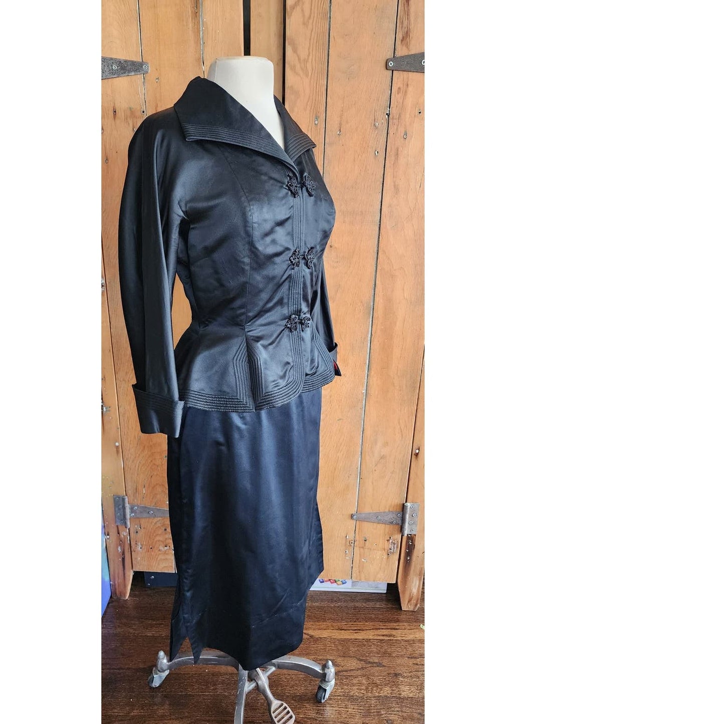 Vintage 50s Black Satin Skirt Suit Chinese Frog Closure Peplum Blazer by Dynasty