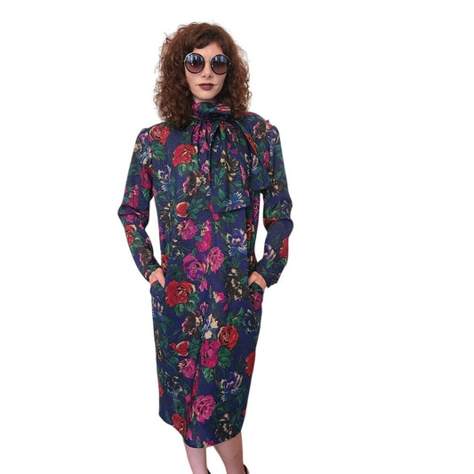 Vintage 1980s UNGARO Sac Dress Dark Floral Print Wool w/Sash Necktie / M