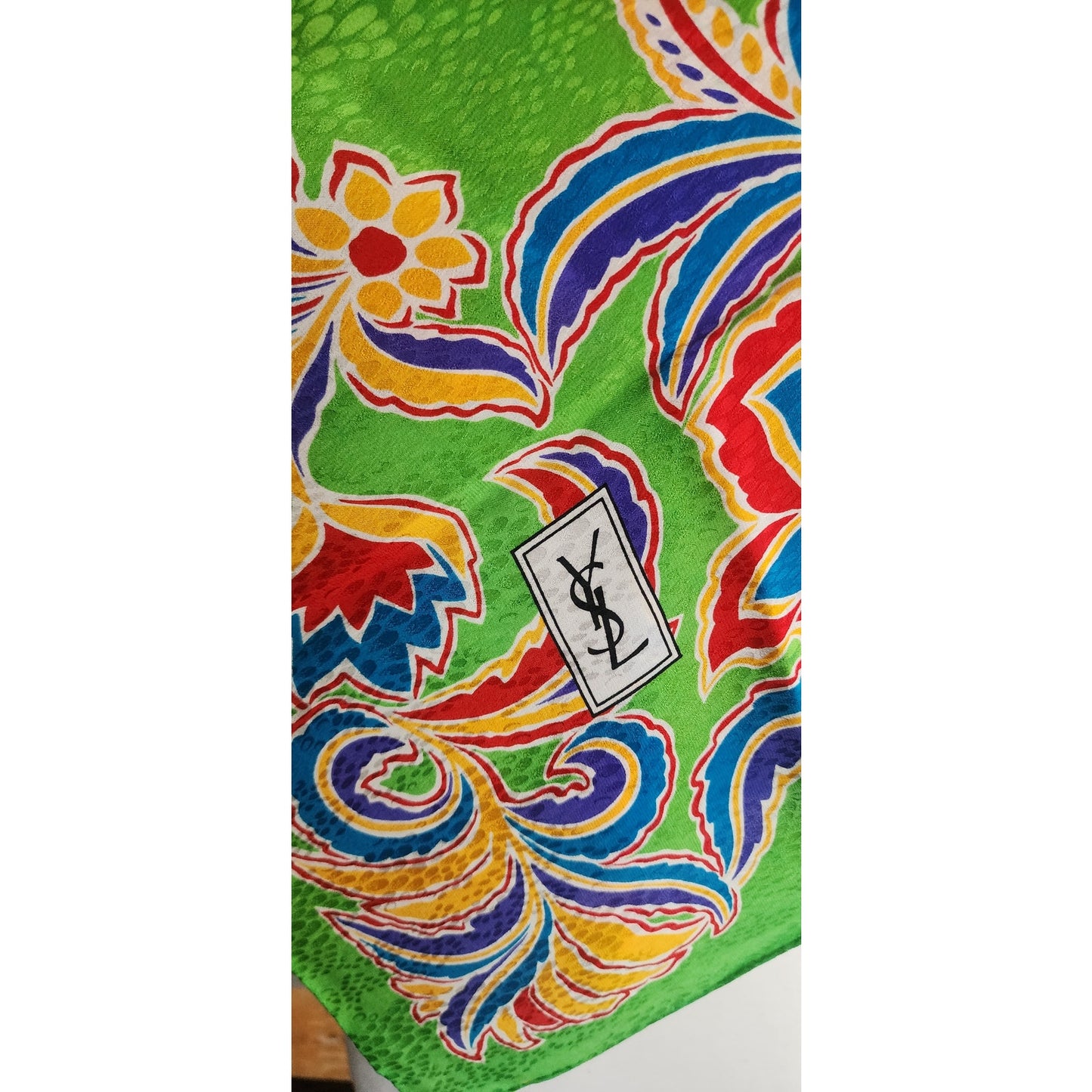 Vintage YSL Scarf Silkprint Square Floral Paisley Green Yves Saint Laurent 1970s 1980s