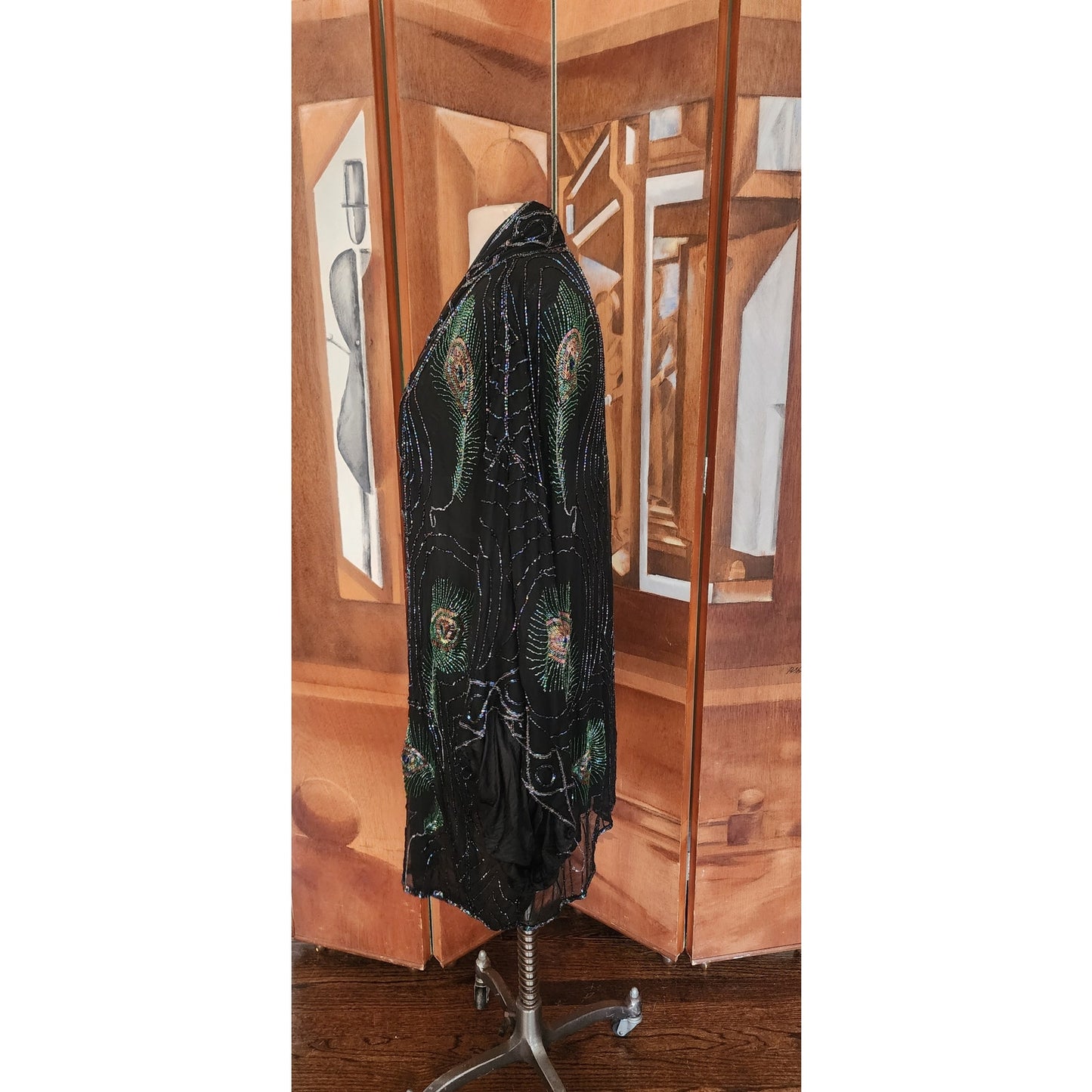 Vintage 1990s Evening Kimono Jacket Shimmering Peacock Feathers Beaded Black Duster Boho Chic Art Nouveau Deco