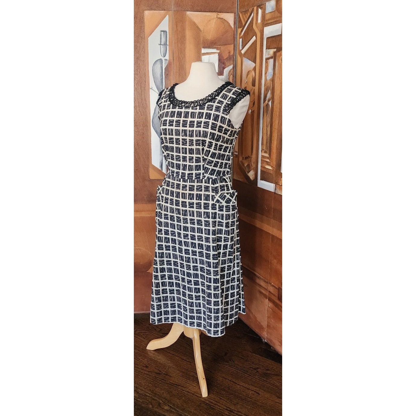 Vintage 50s Cotton Print Dress Black White Check Belted / M to L
