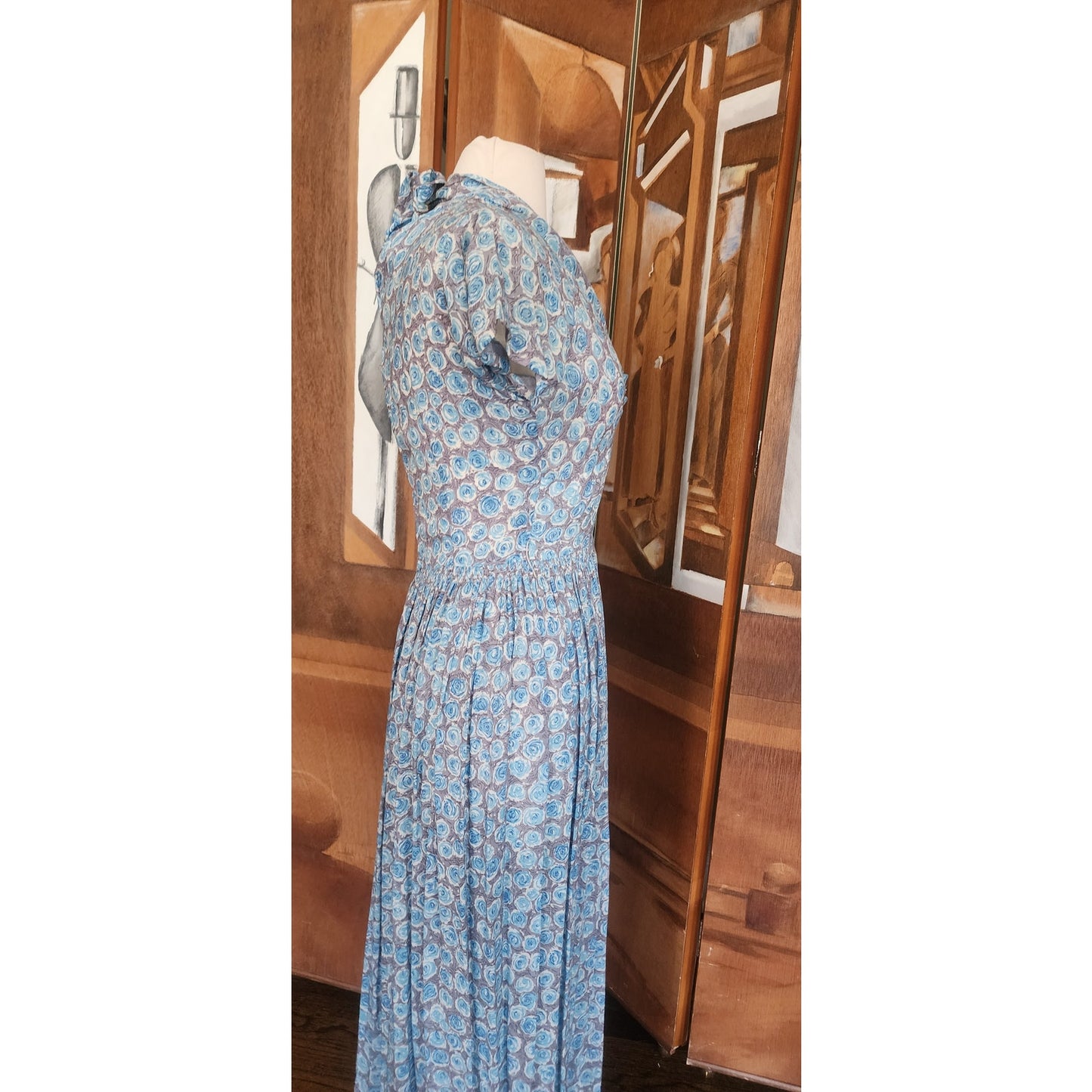 Vintage 1950s Blue Floral Rayon Midi Dress Fit and Flare Short Sleeve / S