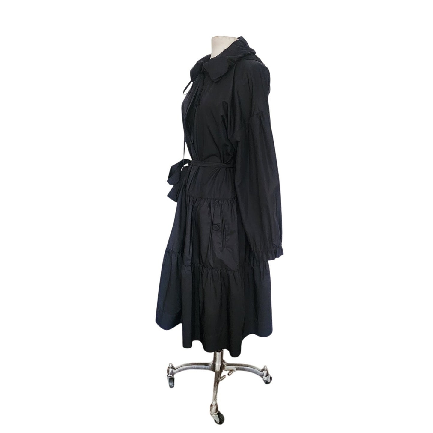 Vintage 2000s Sonia Rykiel Coat Dress / Black Trench Belted Raincoat Ruffled Skirt + Hood / M