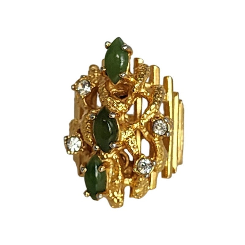 Vintage 60s Ring Gold Jade Stones Maximalist Electroplate Size 5.5