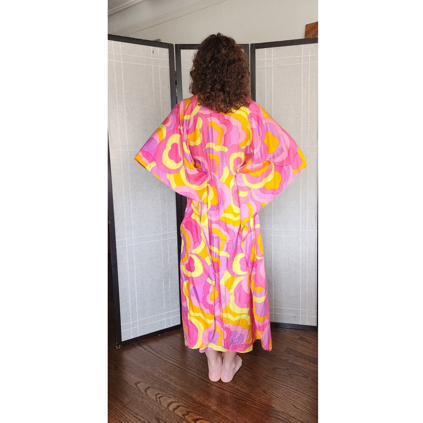 60s Silk Caftan Dress Pink Yellow Psychedelic Print Lord & Taylor