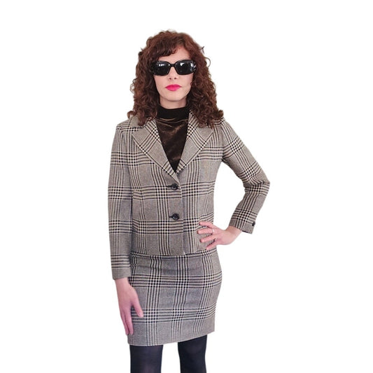 Vintage 90s Brooks Brothers Skirt Suit Moon Wool Houndstooth Black White