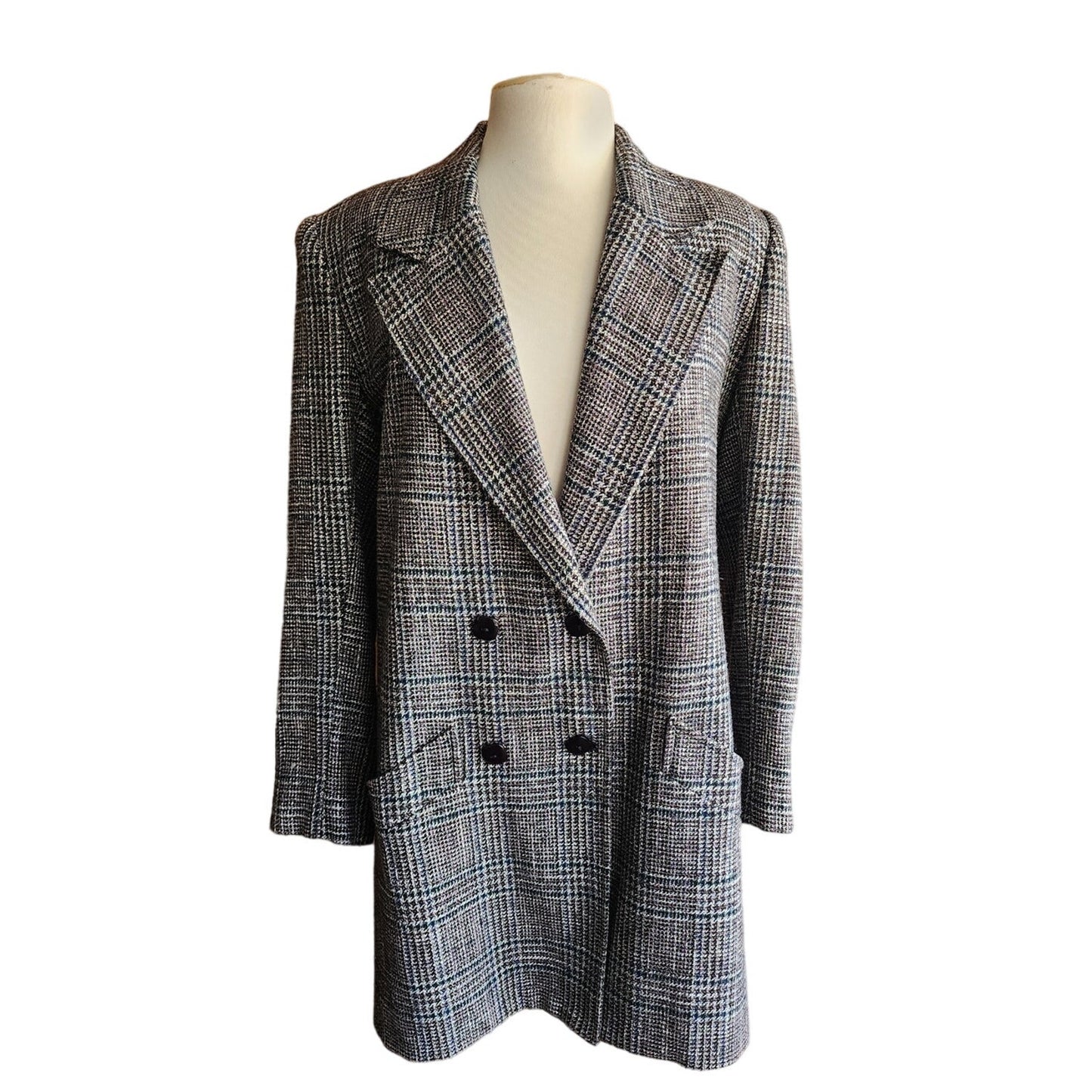 Vintage 1980s Long Blazer Lilli Ann Houndstooth Wool Jacket Gray Black
