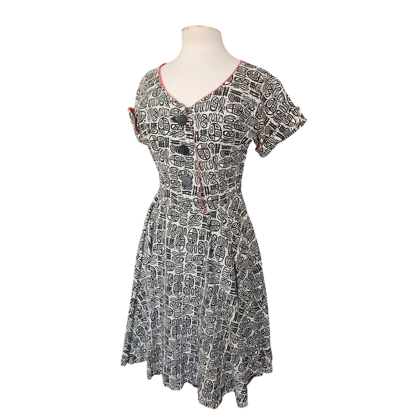 Vintage 50s Cotton Print Day Dress Black White MCM Tiki Pattern Rockabilly Short Sleeved / M