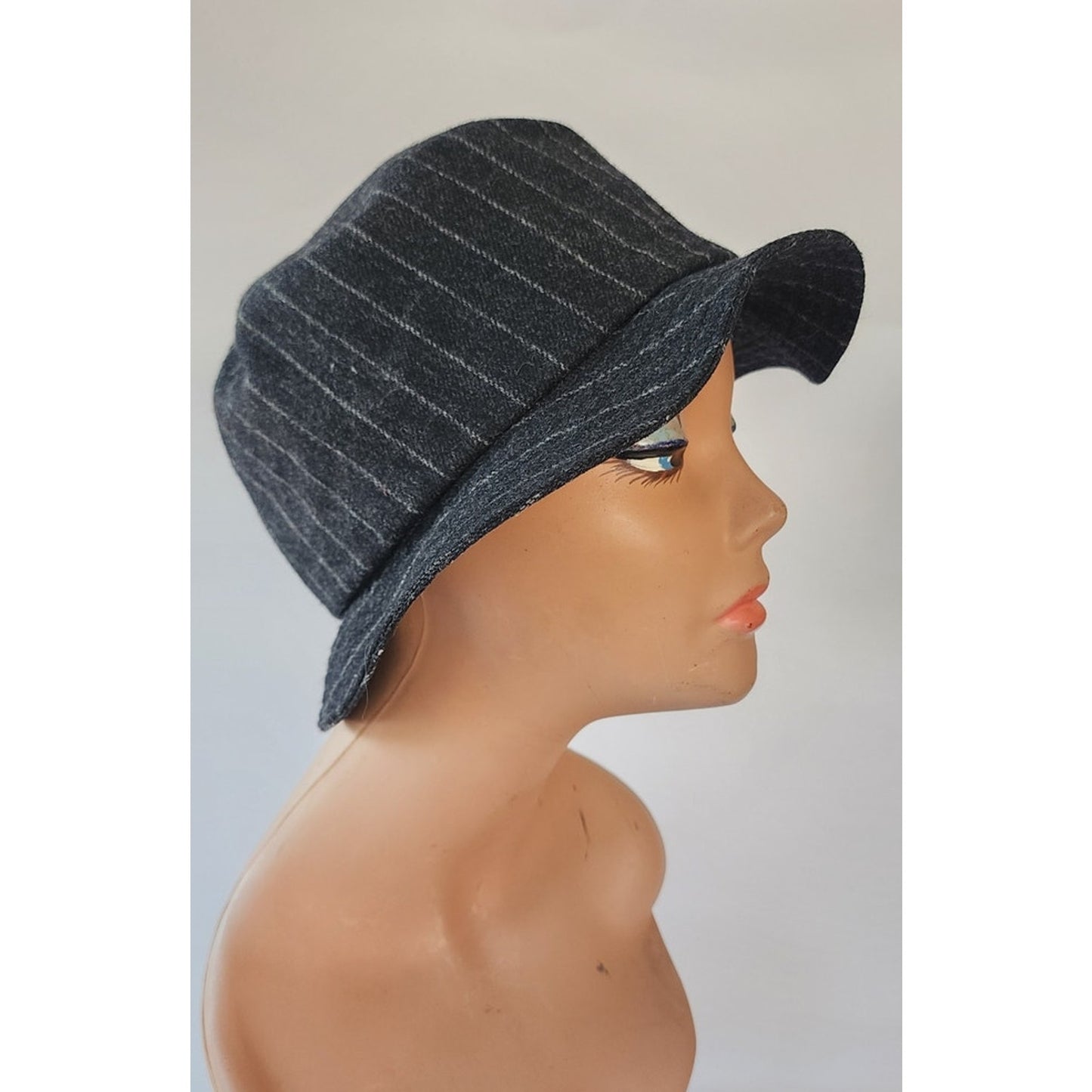 Vintage 1990s YSL Bucket Hat Yves Saint Laurent Gray Pinstriped Wool