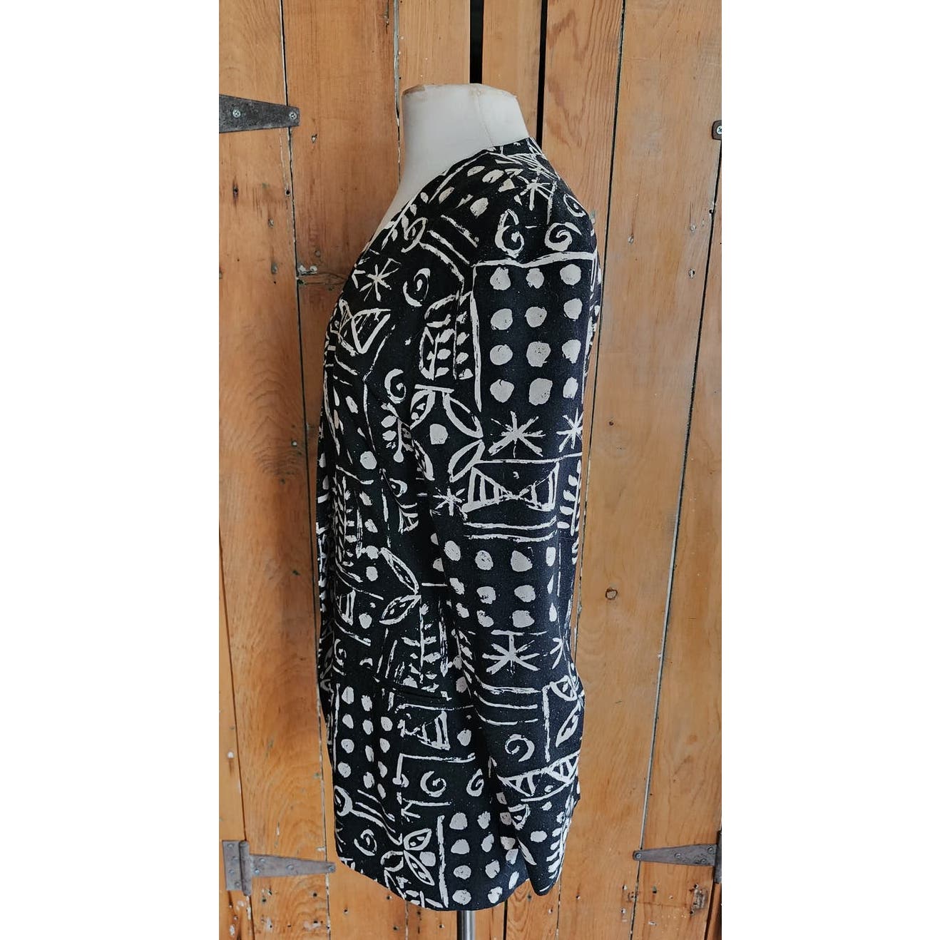 Vintage 80s Blazer Black White Bold Graphic Print Raw Silk