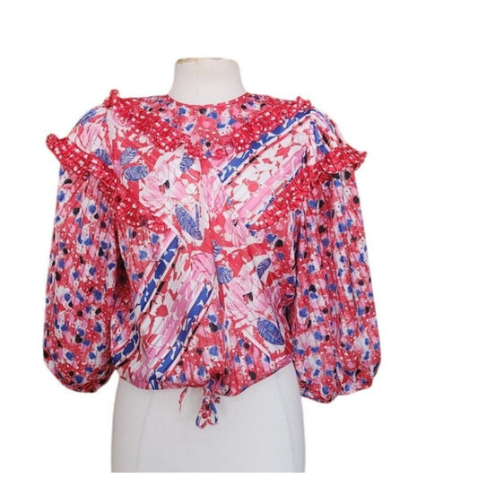 Vintage 80s Diane Freis Blouse Bold Print Poly Georgette Ruffles Pink Red
