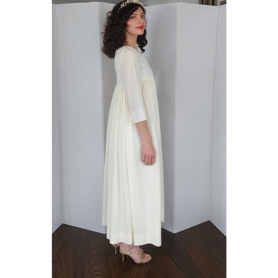 Vintage 70s Peignoir Cream Lace Robe & Long Slip Dress Iris Lingerie