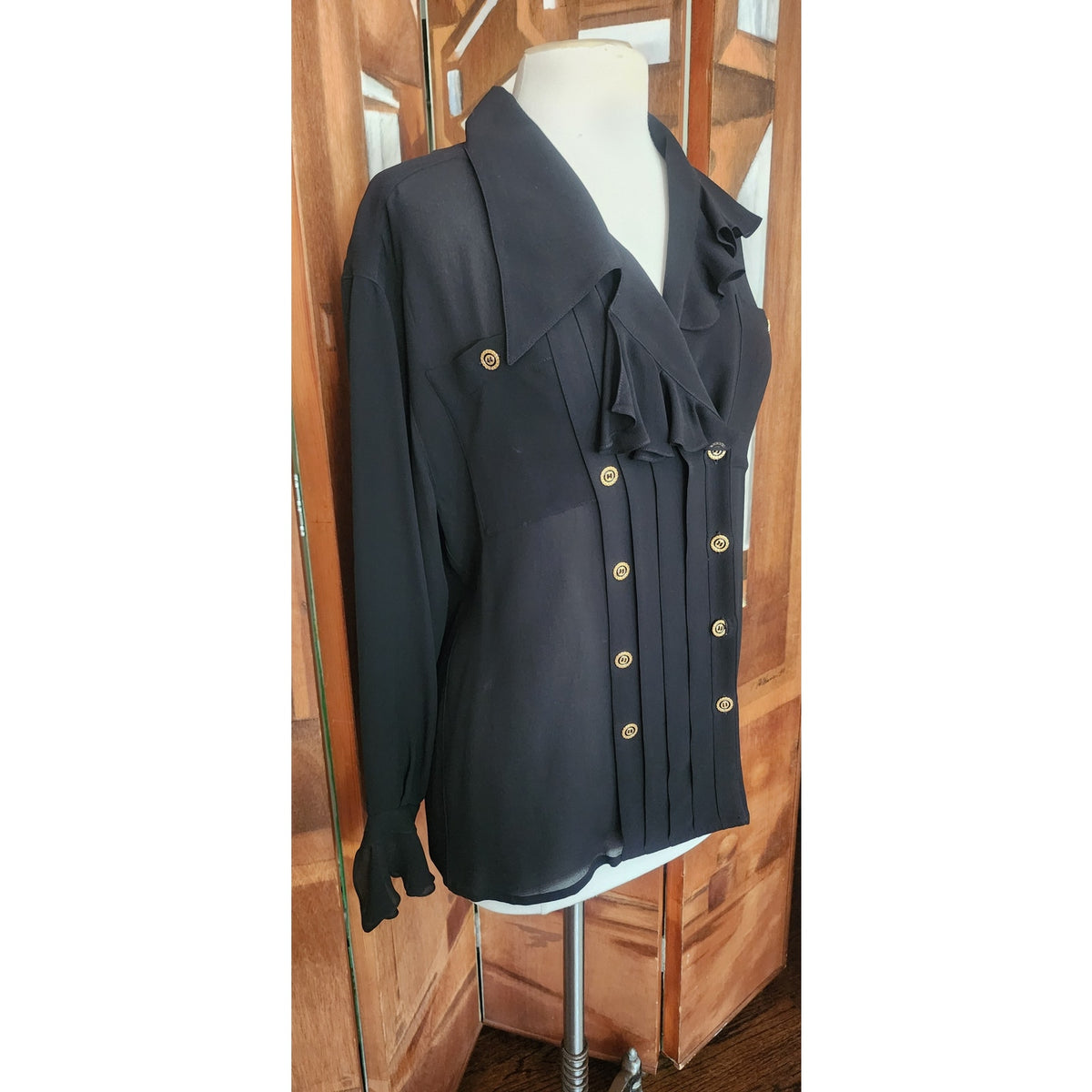 Vintage 1980s Karl Lagerfeld Blouse Black Silk Ruffled Front Poet Shirt Semi-Sheer
