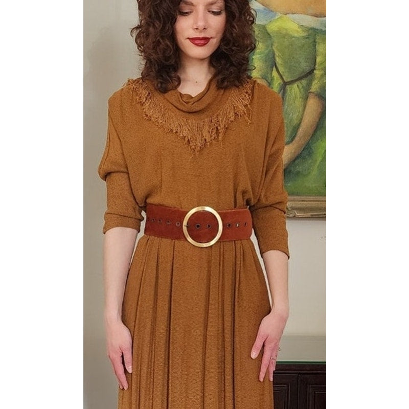 Vintage 80s Brown Dress Fringed Cowl Collar Mad Max Distopia Positive Attitude