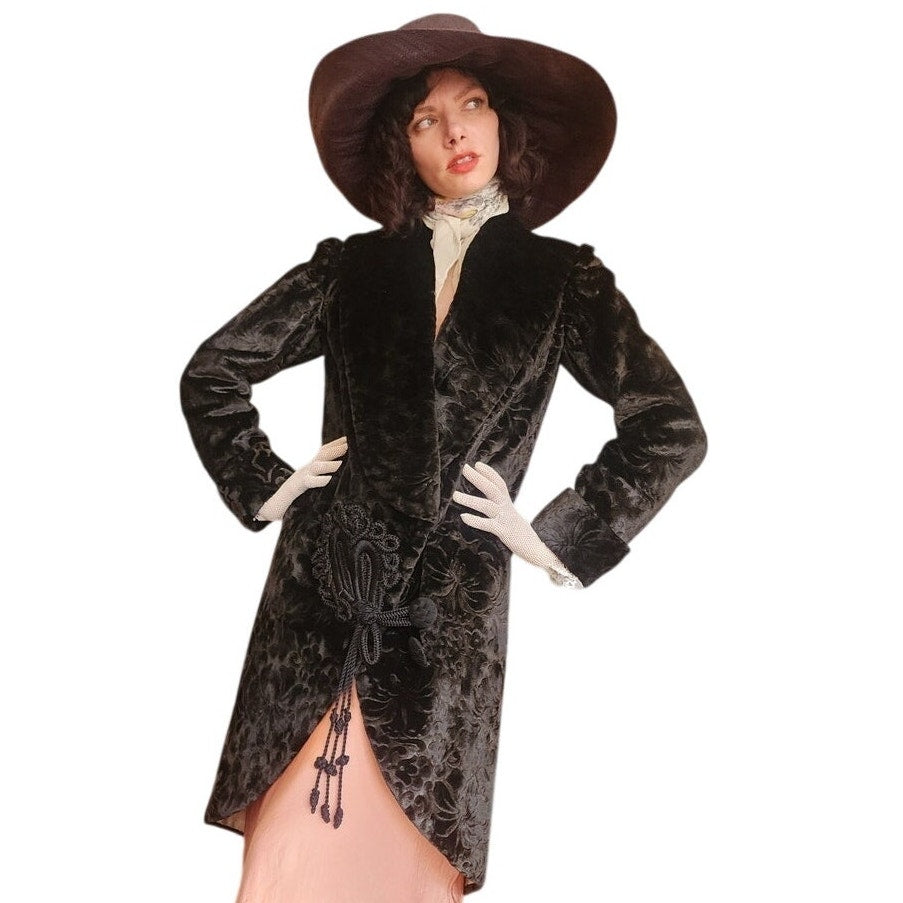 Antique 1910s 20s Edwardian Art Deco Black Textured Silk Velvet Opera Coat Frock Jacket with Silk Chord Knot Closure